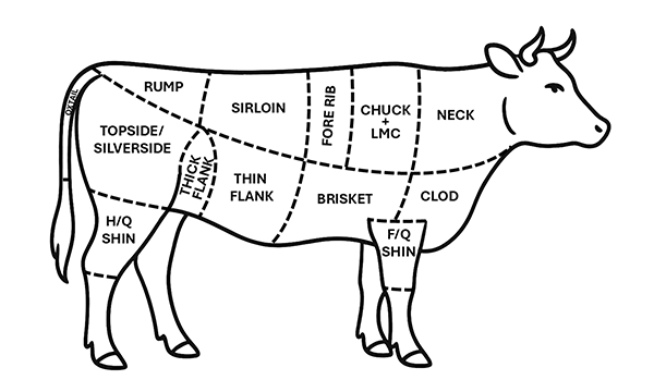 line diagram of beef butchery joints